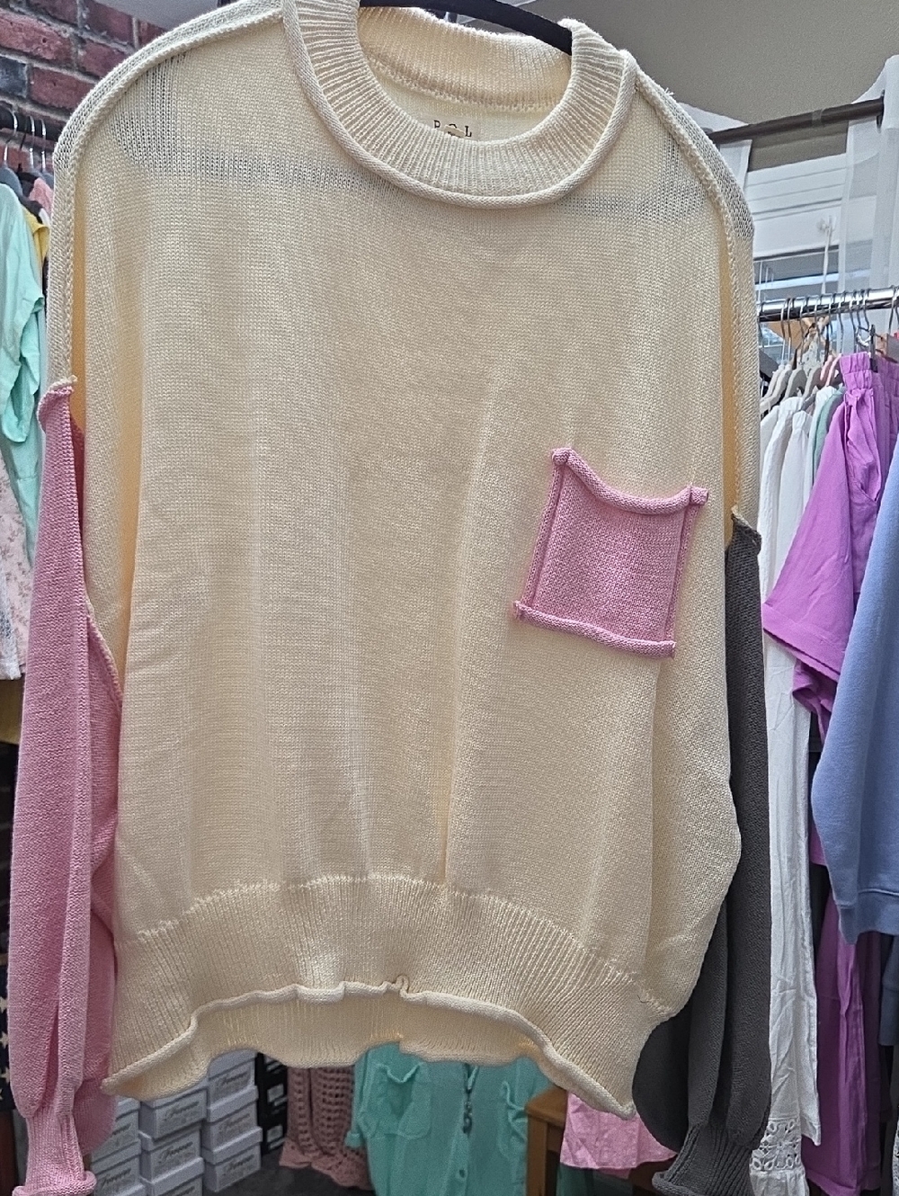 POL Cream Knit Crewneck Sweater with Pink Pocket and Pink Sleeve